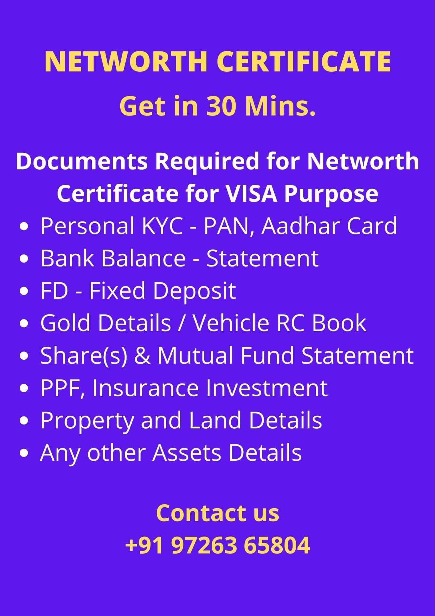 Document Required for Networth Certificate Preparation for VISA