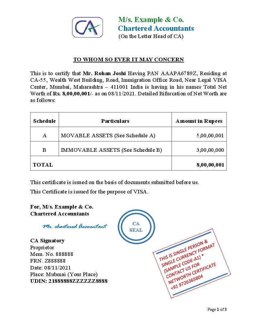 Networth Certificate Format Single Person Single Currency Format