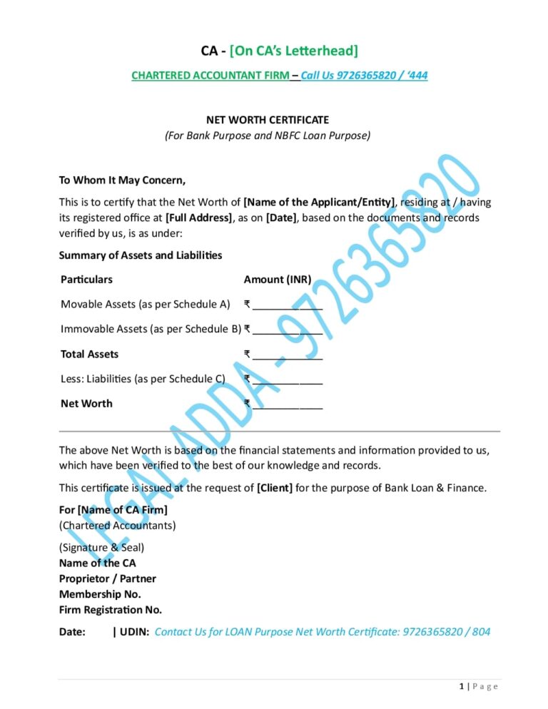 Net Worth Certificate for Bank Loan Sample