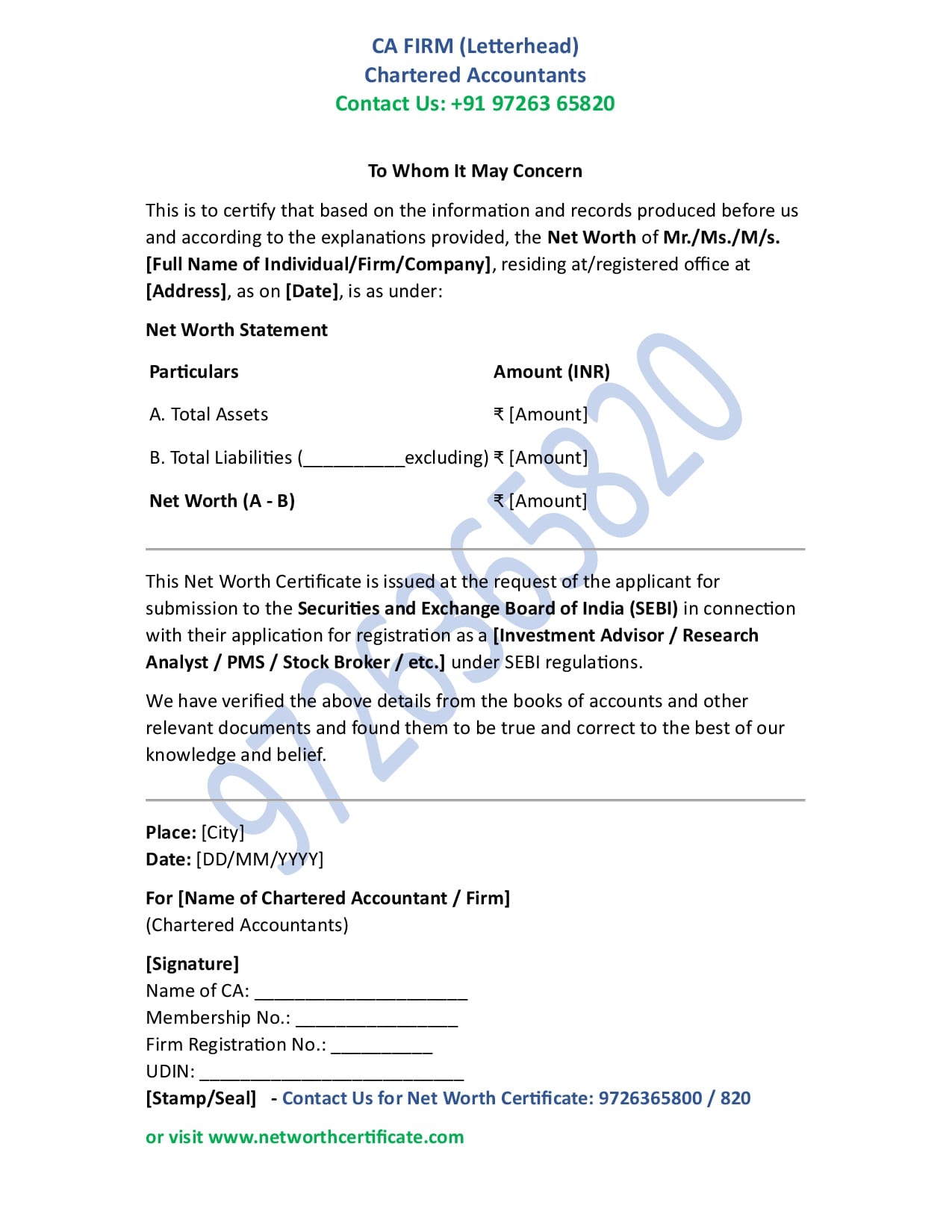 Sample Format of Net Worth Certificate for Various SEBI Usage