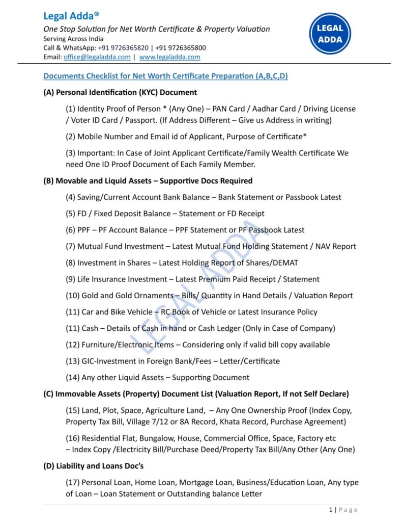 Document checklist networth certificate for VISA