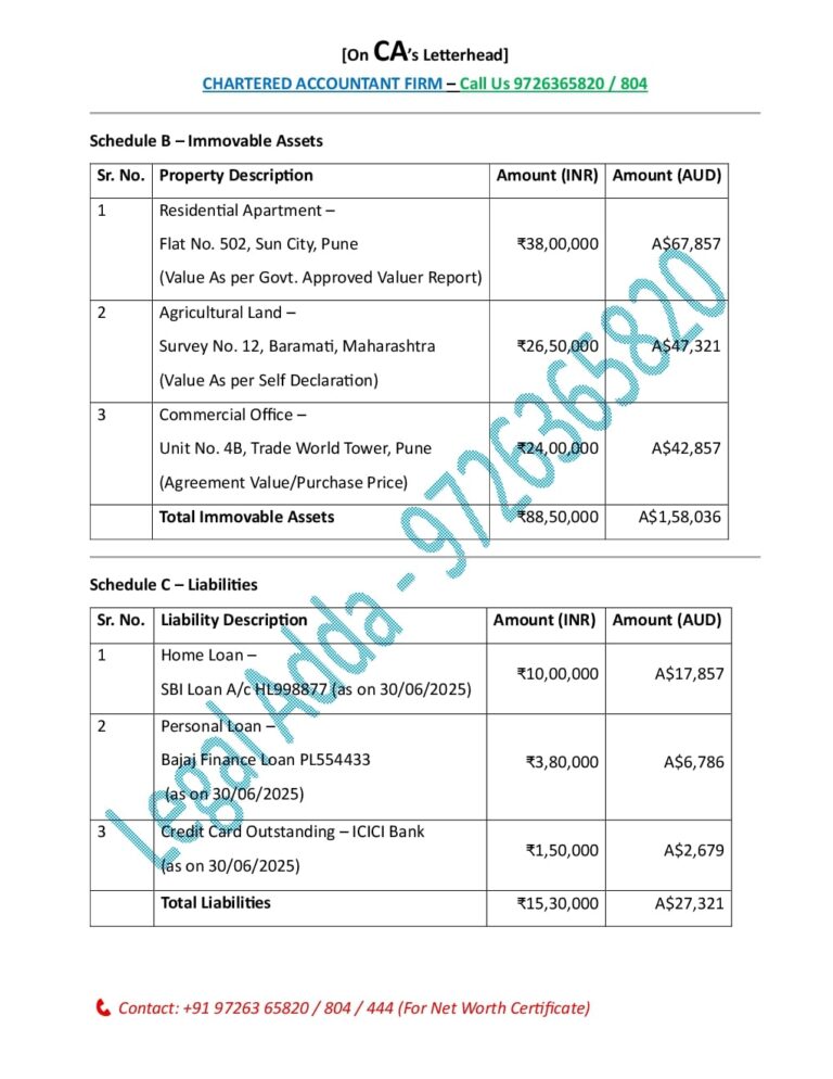 Format of CA Net Worth Statement for AUD