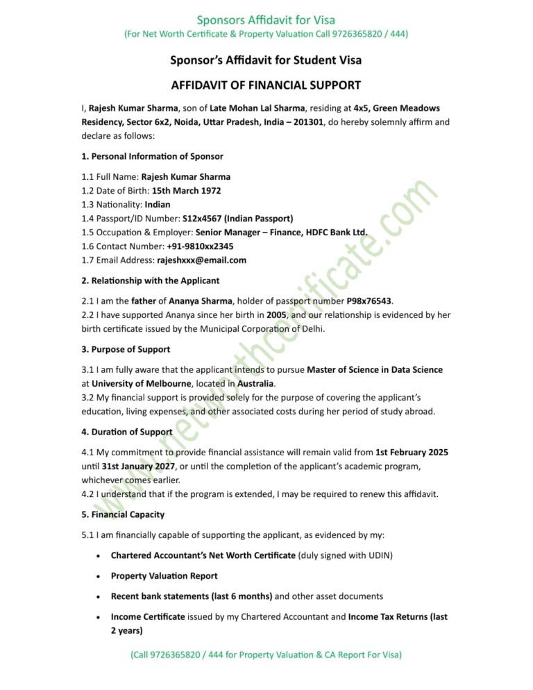 Format of Sponsors Affidavit for Student Visa