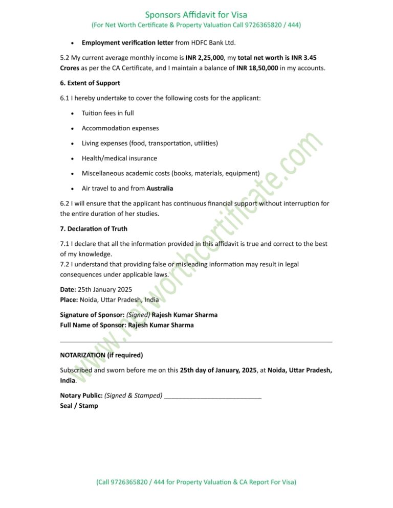 Sample Copy of Sponsors Affidavit for Visa